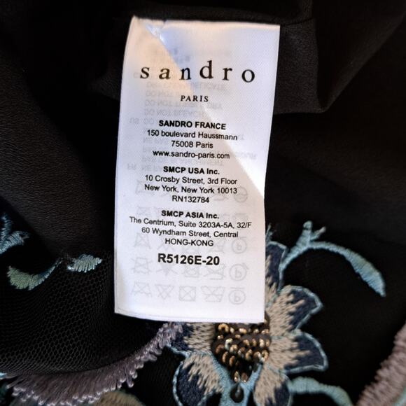 Sandro Floral Embroidered Midi Dress Black Cocktail Party Plunge V-neck Beaded - Picture 15 of 16